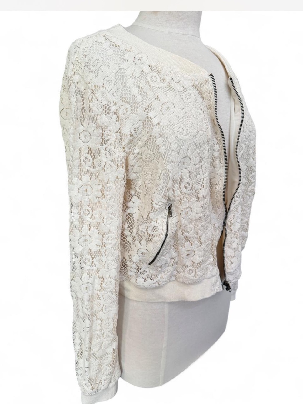 Charlotte Russe Cream Floral Lace Bomber Jacket - Size Large